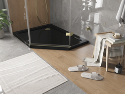Mexen Flat brodzik pięciokątny slim lewy 100 x 90 cm, czarny, syfon złoty - 41P709010L-G