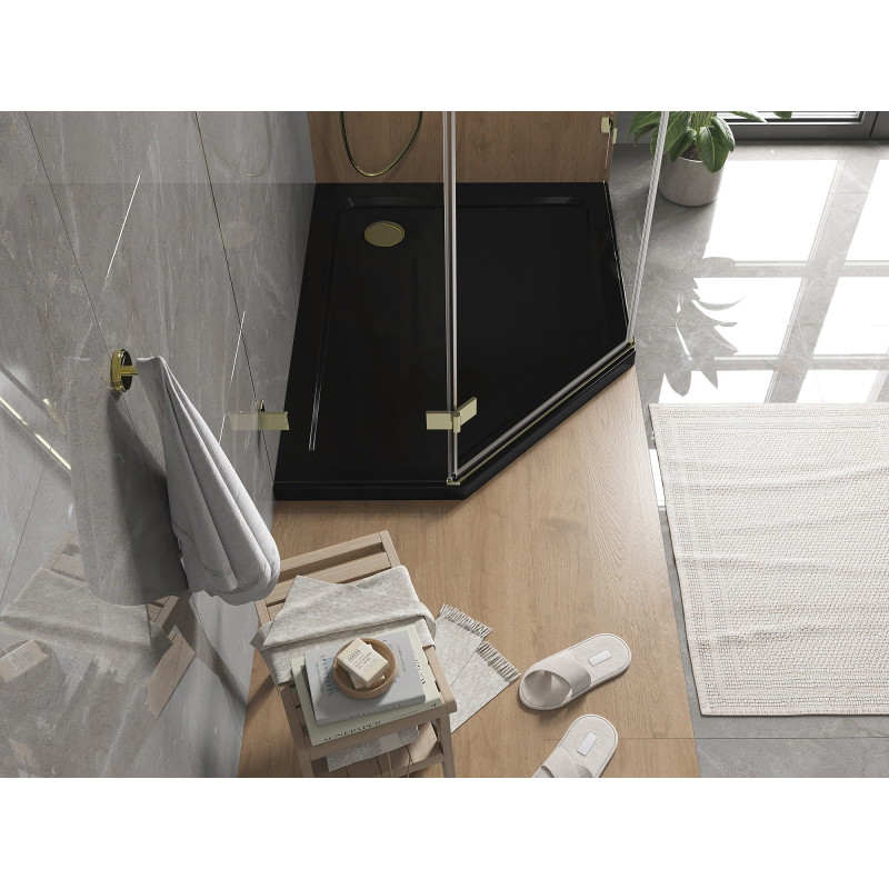 Mexen Flat brodzik pięciokątny slim prawy 100 x 90 cm, czarny, syfon złoty - 41P709010R-G