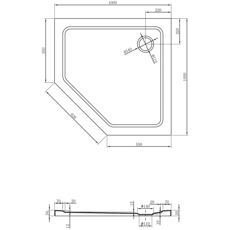 Mexen Flat brodzik pięciokątny slim 100 x 100 cm, czarny, syfon złoty - 41P701010-G