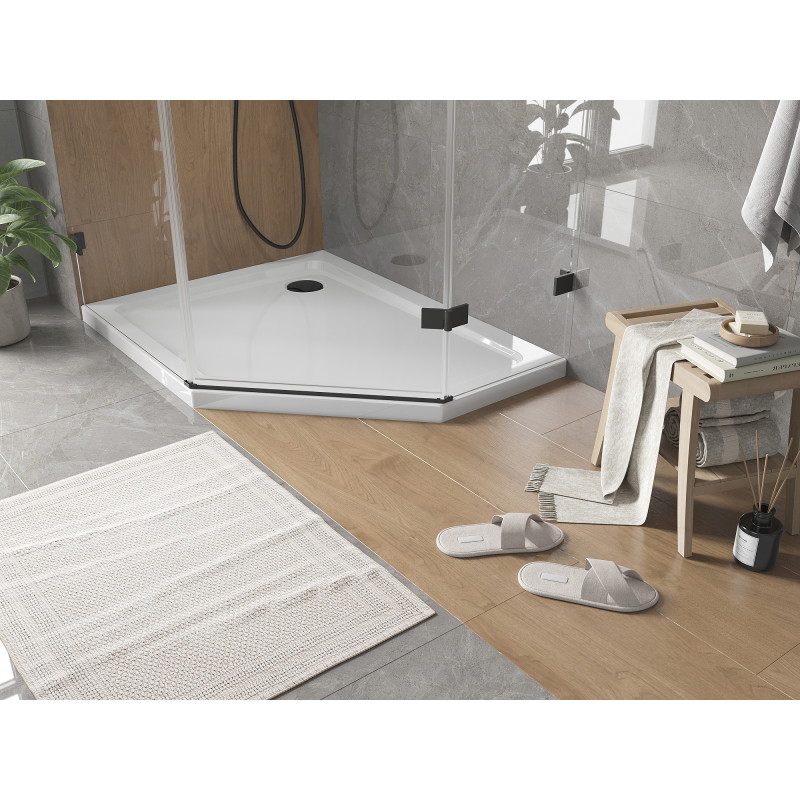 Mexen Flat brodzik pięciokątny slim lewy 90 x 80 cm, biały, syfon czarny - 41P108090L-B