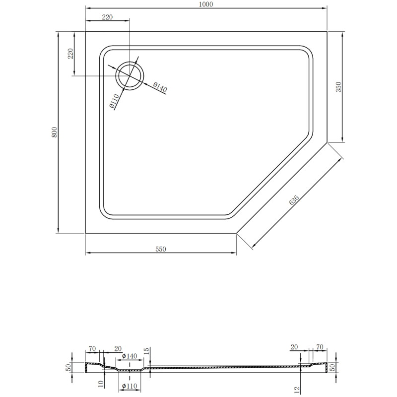Mexen Flat brodzik pięciokątny slim lewy 100 x 80 cm, biały, syfon czarny - 41P108010L-B