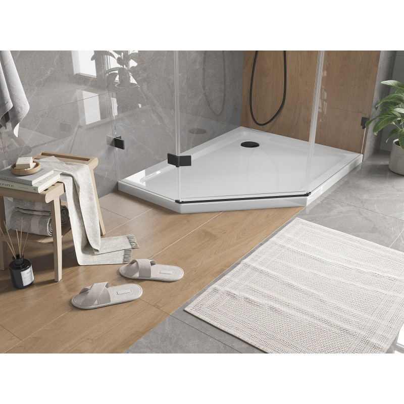 Mexen Flat brodzik pięciokątny slim prawy 100 x 80 cm, biały, syfon czarny - 41P108010R-B