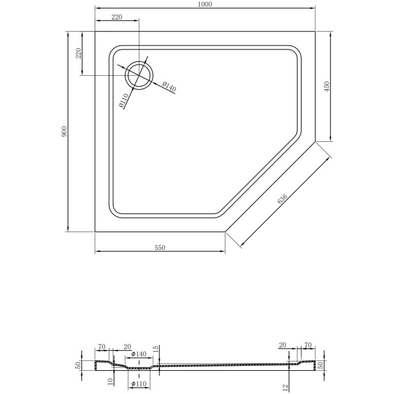 Mexen Flat brodzik pięciokątny slim lewy 100 x 90 cm, biały, syfon czarny - 41P109010L-B