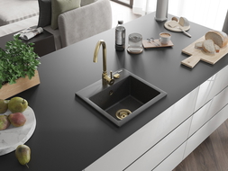 Mexen Milo zlewozmywak granitowy 1-komorowy z baterią kuchenną Telma, czarny nakrapiany - 6505-76-670200-50