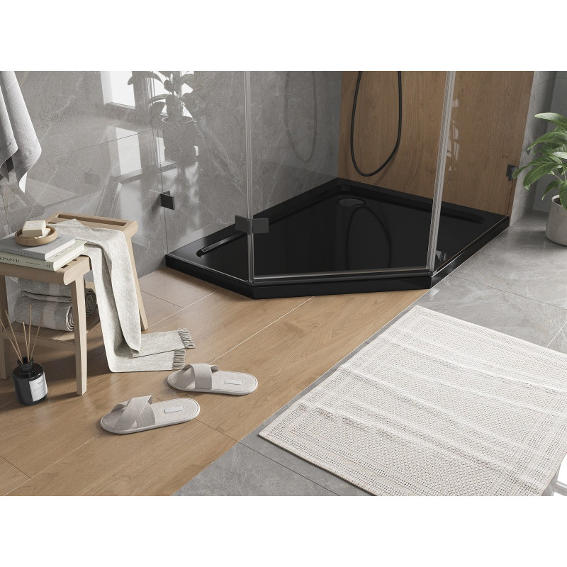 Mexen Flat brodzik pięciokątny slim prawy 90 x 80 cm, czarny, syfon czarny - 41P708090R-B