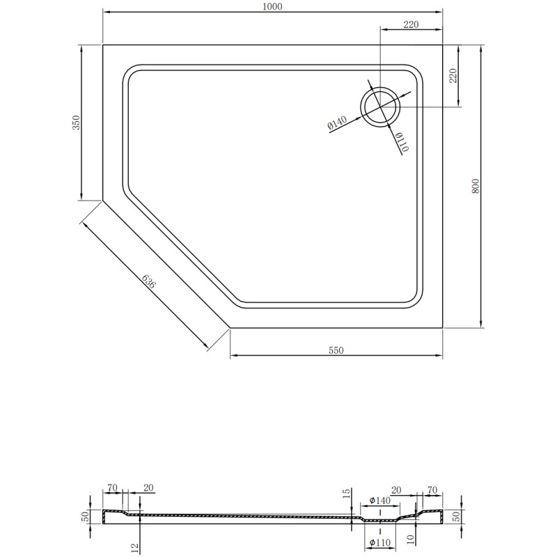 Mexen Flat brodzik pięciokątny slim prawy 100 x 80 cm, czarny, syfon czarny - 41P708010R-B