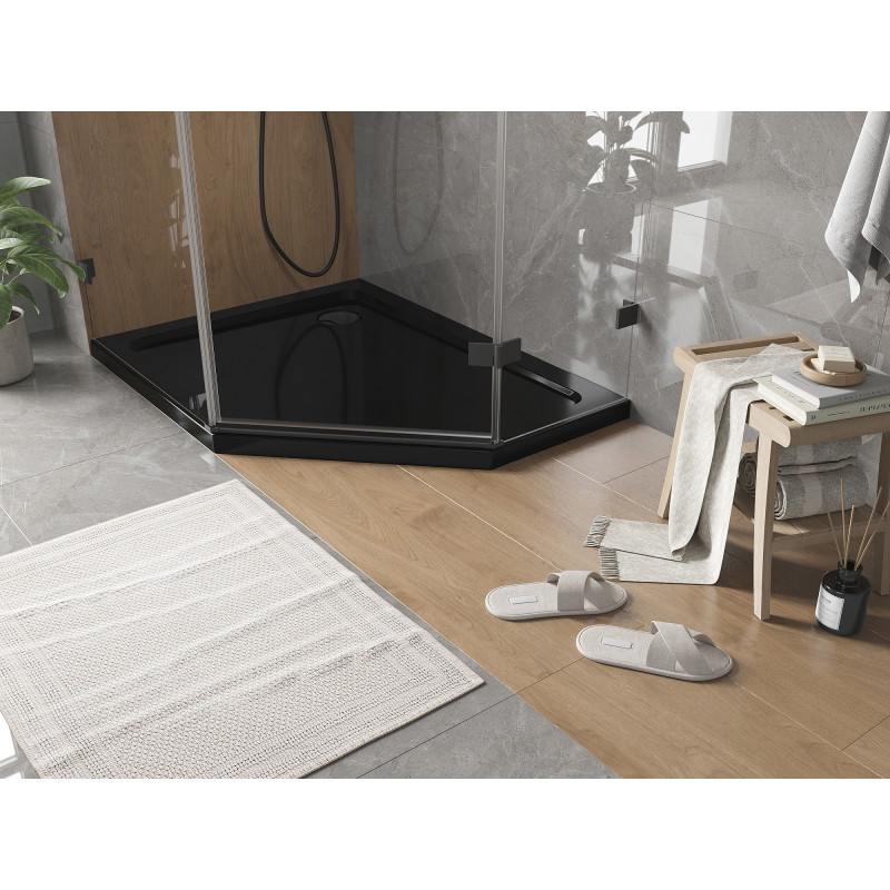 Mexen Flat brodzik pięciokątny slim lewy 100 x 90 cm, czarny, syfon czarny - 41P709010L-B
