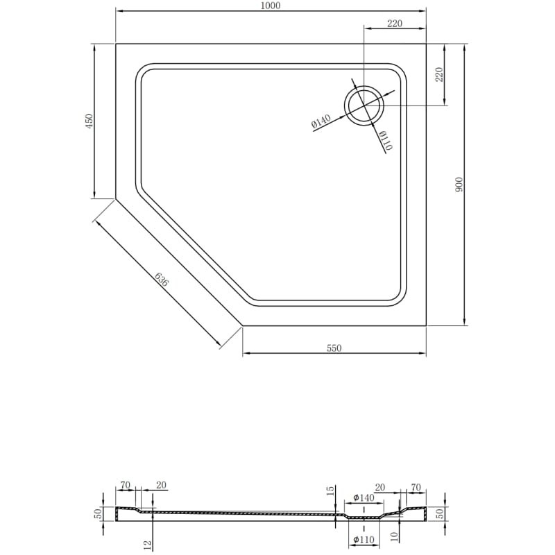 Mexen Flat brodzik pięciokątny slim prawy 100 x 90 cm, czarny, syfon czarny - 41P709010R-B