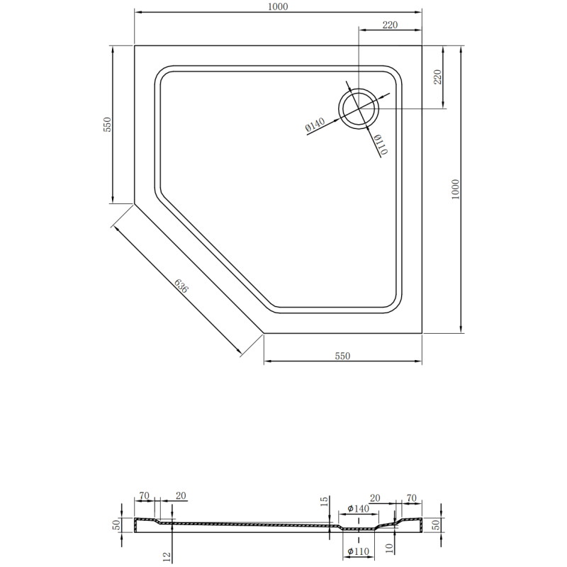 Mexen Flat brodzik pięciokątny slim 100 x 100 cm, czarny, syfon czarny - 41P701010-B