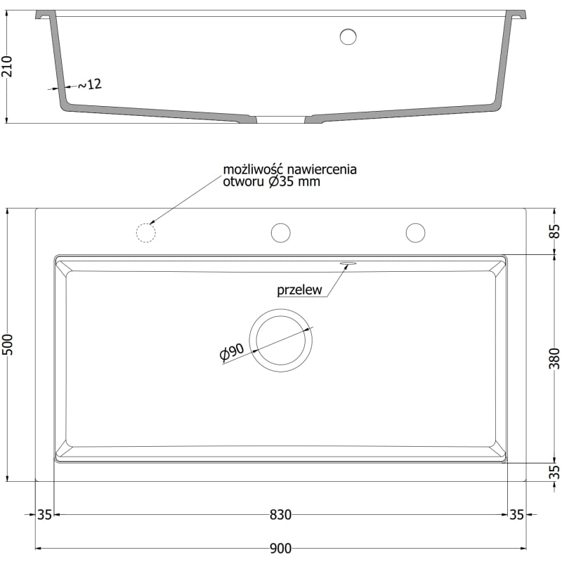 Mexen Slido zlewozmywak granitowy 1-komorowy 900 x 500 mm, czarny/srebrny metalik, syfon chrom - 6528901005-73