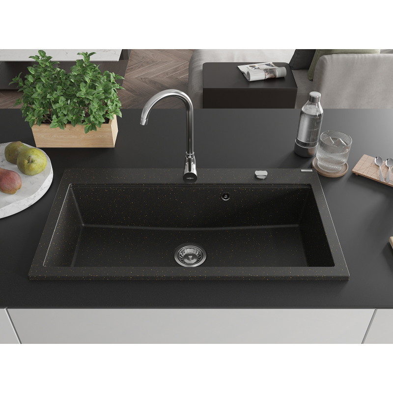 Mexen Slido zlewozmywak granitowy 1-komorowy 900 x 500 mm, czarny/złoty metalik, syfon chrom - 6528901005-75