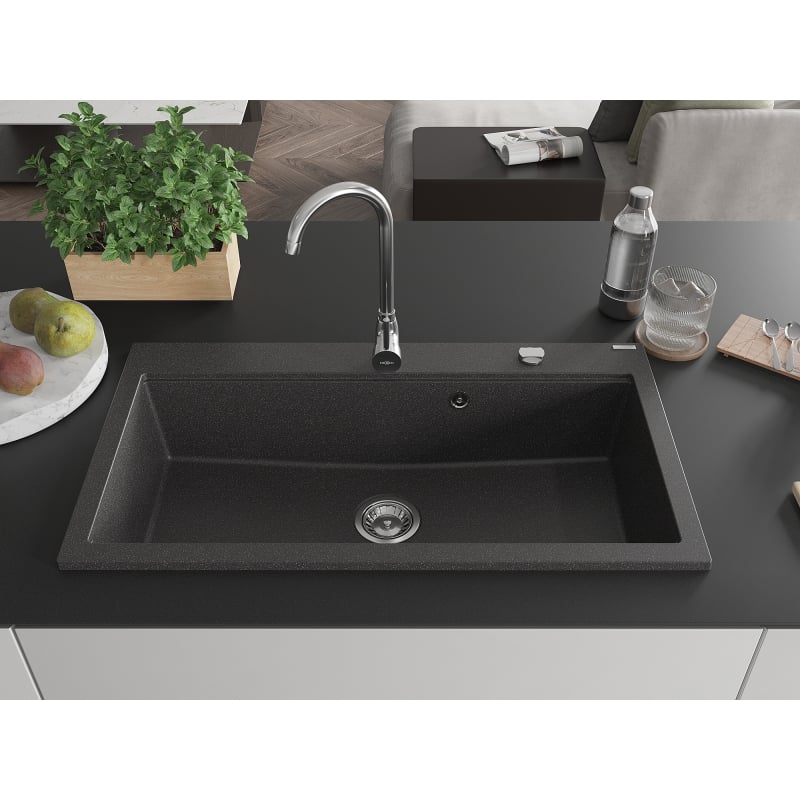 Mexen Slido zlewozmywak granitowy 1-komorowy 900 x 500 mm, czarny nakrapiany, syfon chrom - 6528901005-75