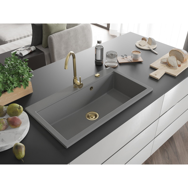 Mexen Slido zlewozmywak granitowy 1-komorowy 900 x 500 mm, szary, syfon złoty - 6528901005-71-G