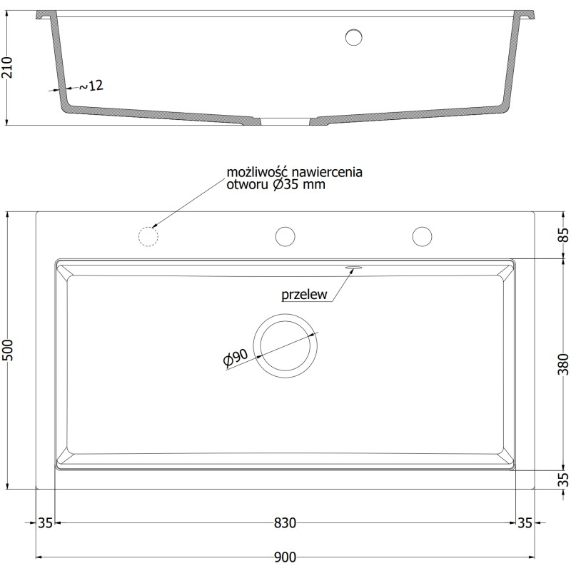 Mexen Slido zlewozmywak granitowy 1-komorowy 900 x 500 mm, czarny/złoty metalik, syfon złoty - 6528901005-75-G