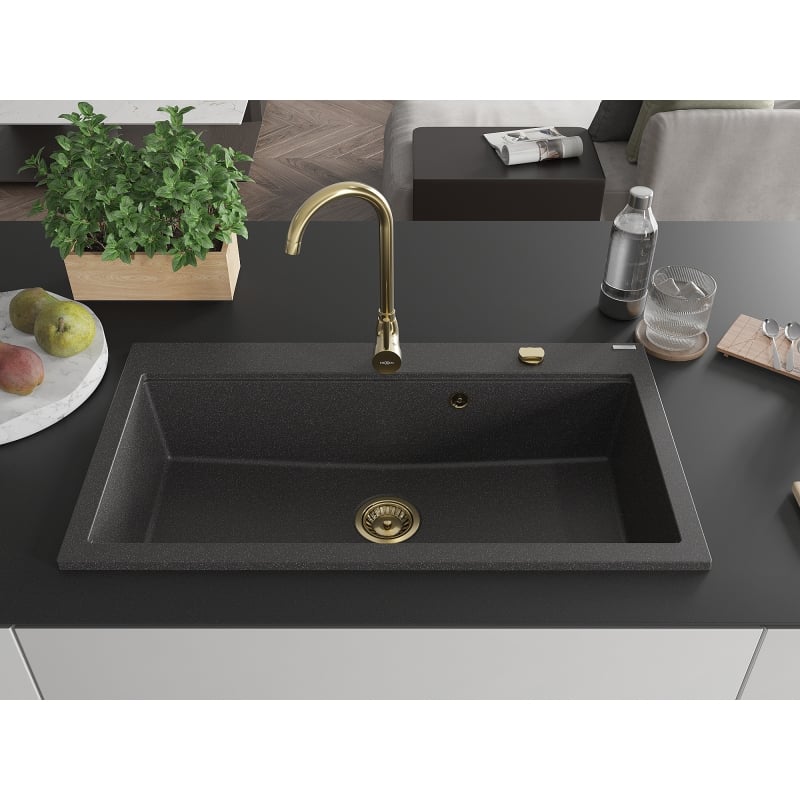 Mexen Slido zlewozmywak granitowy 1-komorowy 900 x 500 mm, czarny nakrapiany, syfon złoty - 6528901005-76-G