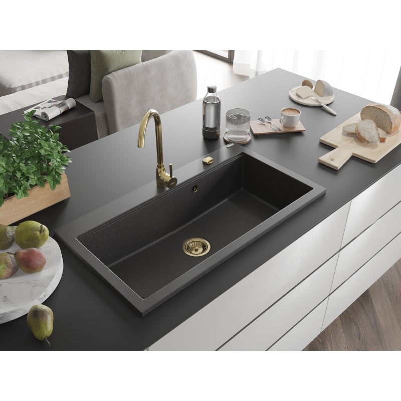 Mexen Slido zlewozmywak granitowy 1-komorowy 900 x 500 mm, czarny nakrapiany, syfon złoty - 6528901005-76-G