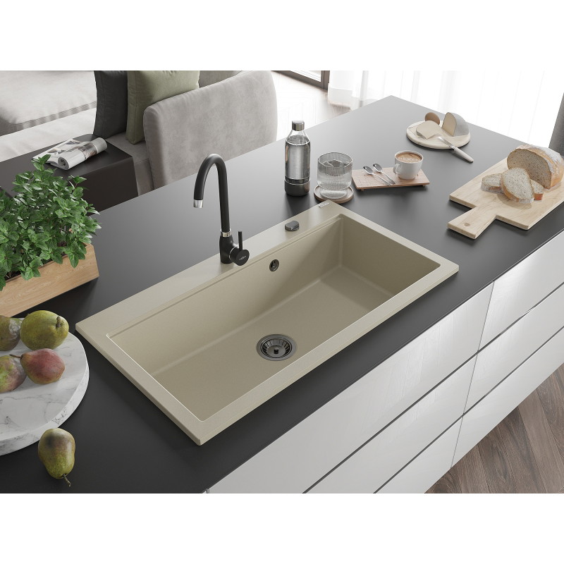 Mexen Slido zlewozmywak granitowy 1-komorowy 900 x 500 mm, beżowy, syfon czarny - 6528901005-69-B