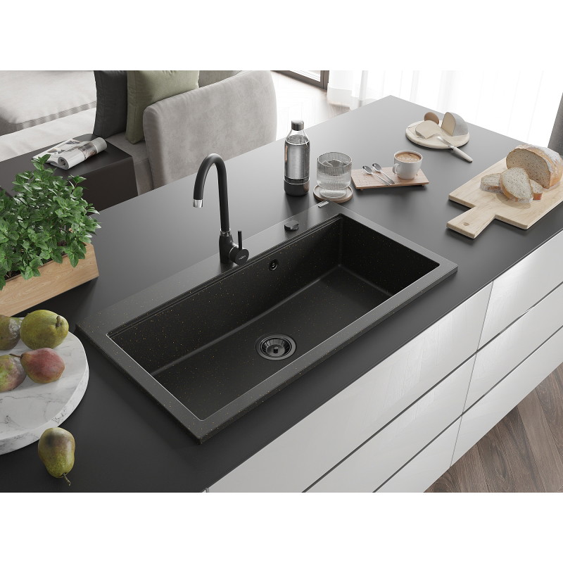 Mexen Slido zlewozmywak granitowy 1-komorowy 900 x 500 mm, czarny/złoty metalik, syfon czarny - 6528901005-75-B
