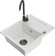 Mexen Enzo zlewozmywak granitowy 1-komorowy z ociekaczem i baterią kuchenną Telma, biały - 6506-20-670200-70