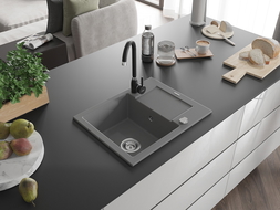 Mexen Enzo zlewozmywak granitowy 1-komorowy z ociekaczem i baterią kuchenną Telma, szary - 6506-71-670200-70
