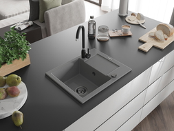 Mexen Enzo zlewozmywak granitowy 1-komorowy z ociekaczem i baterią kuchenną Telma, szary - 6506-71-670200-70-B