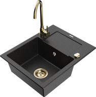 Mexen Enzo zlewozmywak granitowy 1-komorowy z ociekaczem i baterią kuchenną Telma, czarny/srebrny - 6506-73-670200-50