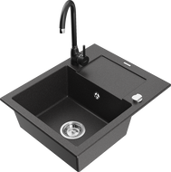 Mexen Enzo zlewozmywak granitowy 1-komorowy z ociekaczem i baterią kuchenną Telma, czarny nakrapiany - 6506-76-670200-70