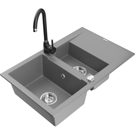 Mexen Gaspar zlewozmywak granitowy 1,5-komorowy z ociekaczem i baterią kuchenną Telma, szary - 6507-71-670200-70