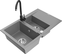 Mexen Gaspar zlewozmywak granitowy 1,5-komorowy z ociekaczem i baterią kuchenną Telma, szary - 6507-71-670200-70