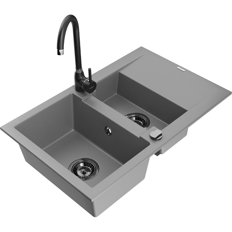 Mexen Gaspar zlewozmywak granitowy 1,5-komorowy z ociekaczem i baterią kuchenną Telma, szary - 6507-71-670200-70-B
