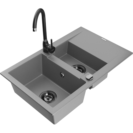 Mexen Gaspar zlewozmywak granitowy 1,5-komorowy z ociekaczem i baterią kuchenną Telma, szary - 6507-71-670200-70-B