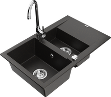 Mexen Gaspar zlewozmywak granitowy 1,5-komorowy z ociekaczem i baterią kuchenną Telma, czarny/złoty - 6507-75-670200-00