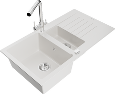 Mexen Matias zlewozmywak granitowy 1,5-komorowy z ociekaczem i baterią kuchenną Duero, biały - 6502-20-671600-00