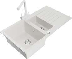 Mexen Matias zlewozmywak granitowy 1,5-komorowy z ociekaczem i baterią kuchenną Duero, biały - 6502-20-671600-20