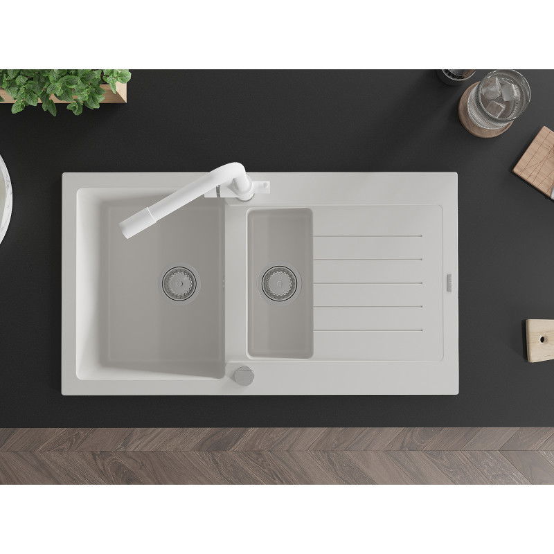 Mexen Matias zlewozmywak granitowy 1,5-komorowy z ociekaczem i baterią kuchenną Duero, biały - 6502-20-671600-20
