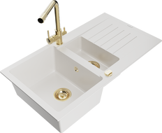 Mexen Matias zlewozmywak granitowy 1,5-komorowy z ociekaczem i baterią kuchenną Duero, biały - 6502-20-671600-50