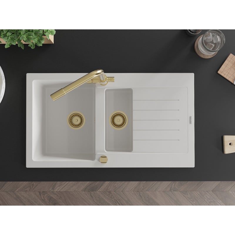Mexen Matias zlewozmywak granitowy 1,5-komorowy z ociekaczem i baterią kuchenną Duero, biały - 6502-20-671600-50