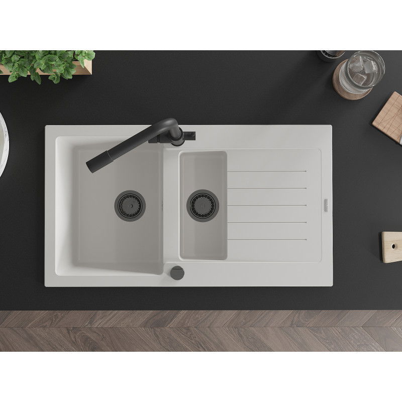 Mexen Matias zlewozmywak granitowy 1,5-komorowy z ociekaczem i baterią kuchenną Duero, biały - 6502-20-671600-70