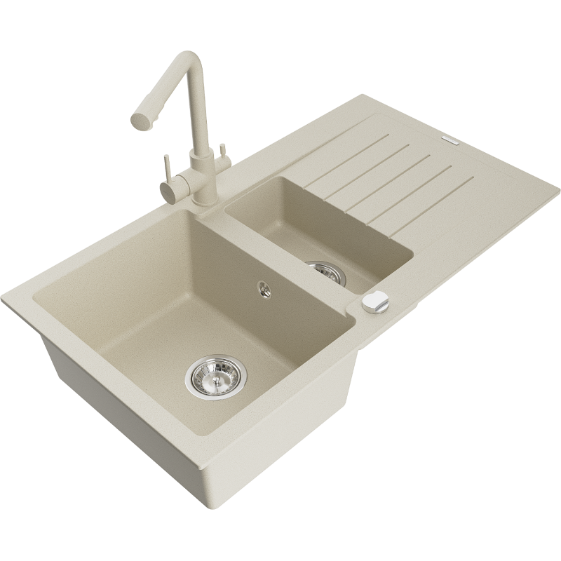 Mexen Matias zlewozmywak granitowy 1,5-komorowy z ociekaczem i baterią kuchenną Duero, beżowy - 6502-69-671600-69