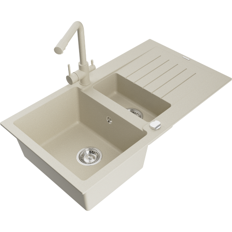 Mexen Matias zlewozmywak granitowy 1,5-komorowy z ociekaczem i baterią kuchenną Duero, beżowy - 6502-69-671600-69