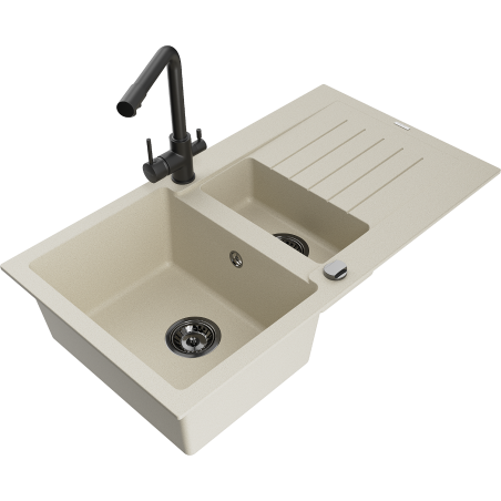 Mexen Matias zlewozmywak granitowy 1,5-komorowy z ociekaczem i baterią kuchenną Duero, beżowy - 6502-69-671600-70