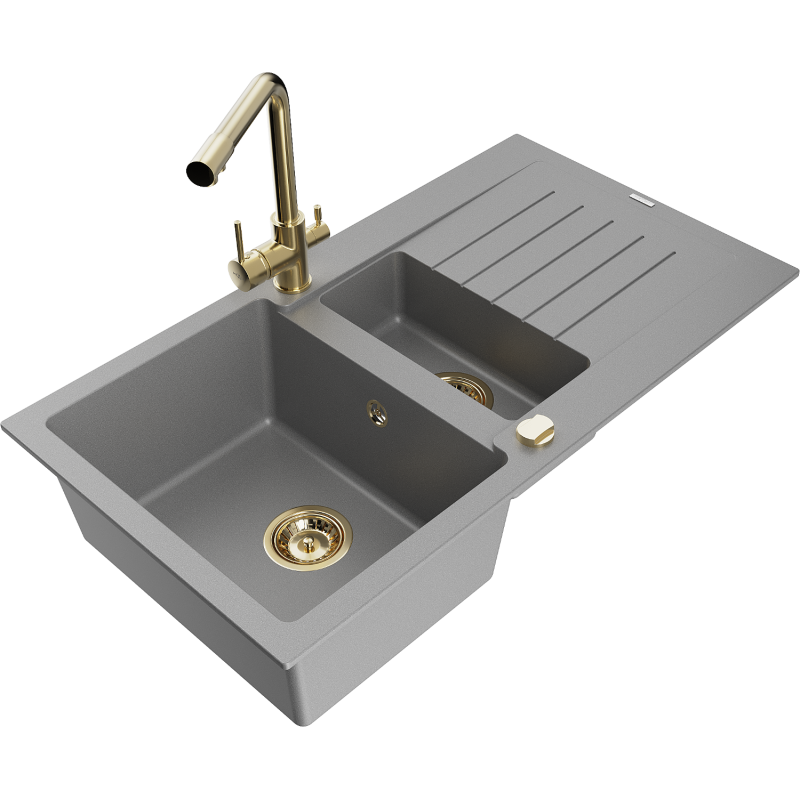 Mexen Matias zlewozmywak granitowy 1,5-komorowy z ociekaczem i baterią kuchenną Duero, szary - 6502-71-671600-50
