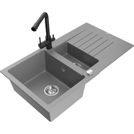 Mexen Matias zlewozmywak granitowy 1,5-komorowy z ociekaczem i baterią kuchenną Duero, szary - 6502-71-671600-70