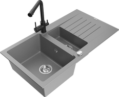 Mexen Matias zlewozmywak granitowy 1,5-komorowy z ociekaczem i baterią kuchenną Duero, szary - 6502-71-671600-70
