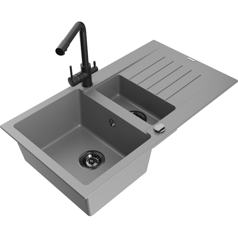 Mexen Matias zlewozmywak granitowy 1,5-komorowy z ociekaczem i baterią kuchenną Duero, szary - 6502-71-671600-70-B