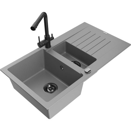 Mexen Matias zlewozmywak granitowy 1,5-komorowy z ociekaczem i baterią kuchenną Duero, szary - 6502-71-671600-70-B