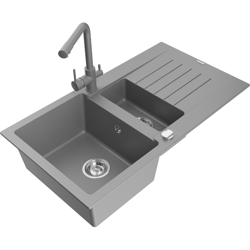 Mexen Matias zlewozmywak granitowy 1,5-komorowy z ociekaczem i baterią kuchenną Duero, szary - 6502-71-671600-71