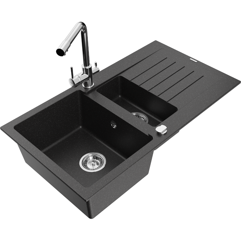 Mexen Matias zlewozmywak granitowy 1,5-komorowy z ociekaczem i baterią kuchenną Duero, czarny/srebrny metalik- 6502-73-671600-00