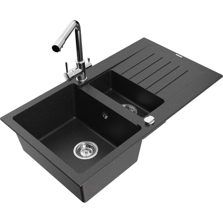 Mexen Matias zlewozmywak granitowy 1,5-komorowy z ociekaczem i baterią kuchenną Duero, czarny/srebrny metalik- 6502-73-671600-00