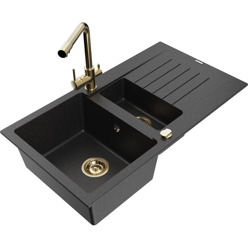 Mexen Matias zlewozmywak granitowy 1,5-komorowy z ociekaczem i baterią kuchenną Duero, czarny/srebrny metalik- 6502-73-671600-50